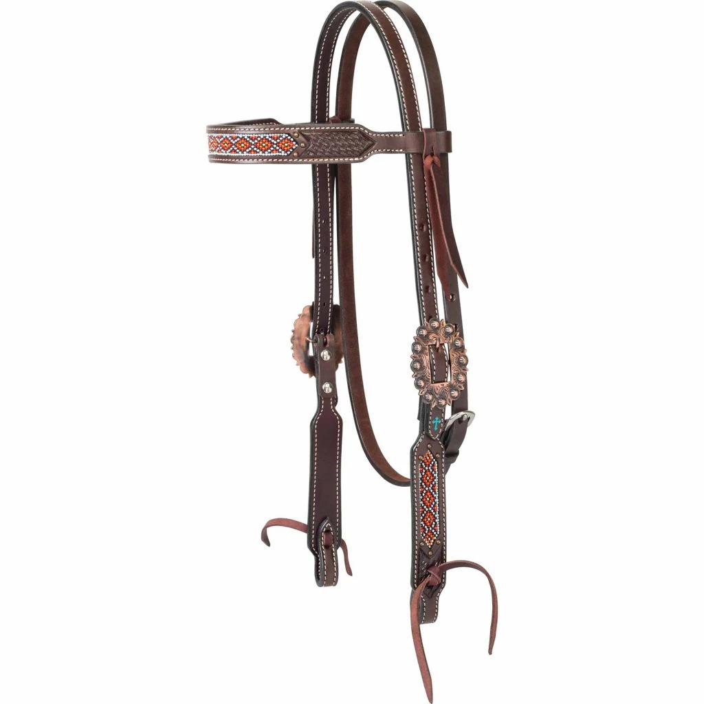 Weaver Leather Turquoise Cross Beaded Basketweave Browband Headstall, 45-0126 3 Weaver Leather Turquoise Cross Beaded Basketweave Browband Headstall, 45-0126